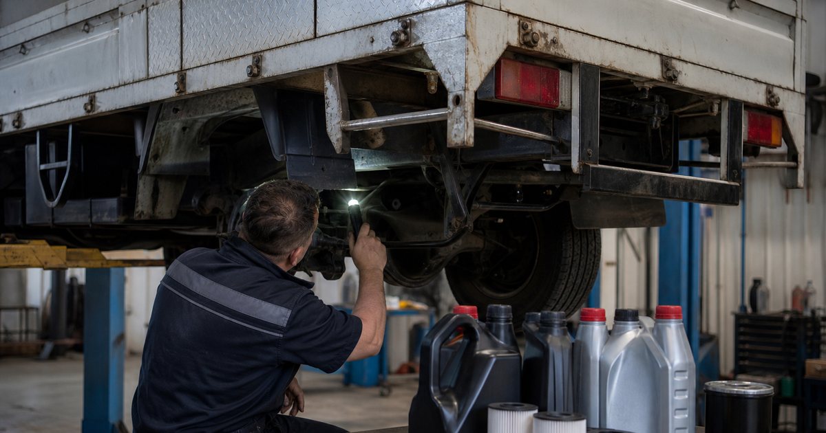 A used white flatbed truck raised on a lift in a small shop, a mechanic with a flashlight inspecting the frame near the rear axle, fresh fluid jugs and new filters laid out on a nearby workbench