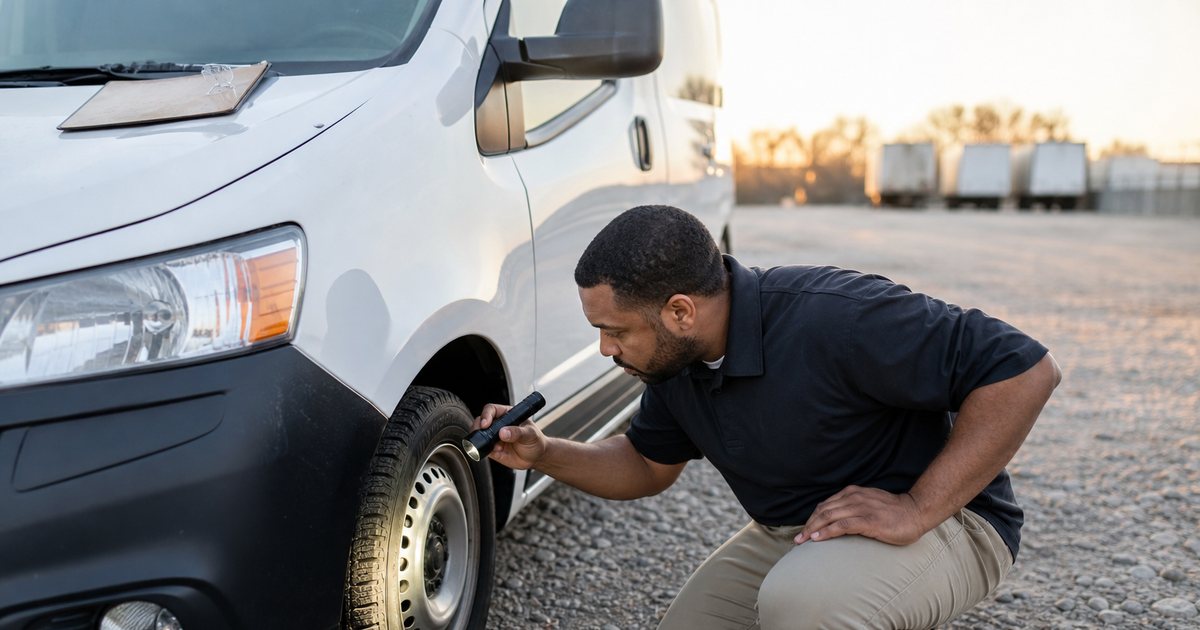 A delivery driver in a company polo crouched beside the front tire of a white cargo van in a gravel yard at dawn, clipboard resting on the hood, shining a flashlight at the tread