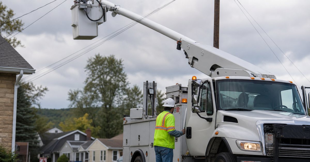 A white utility bucket truck parked on a suburban street with its boom raised toward a power line, engine running, a technician in a hard hat and safety vest standing beside the open cab door, overcast daylight