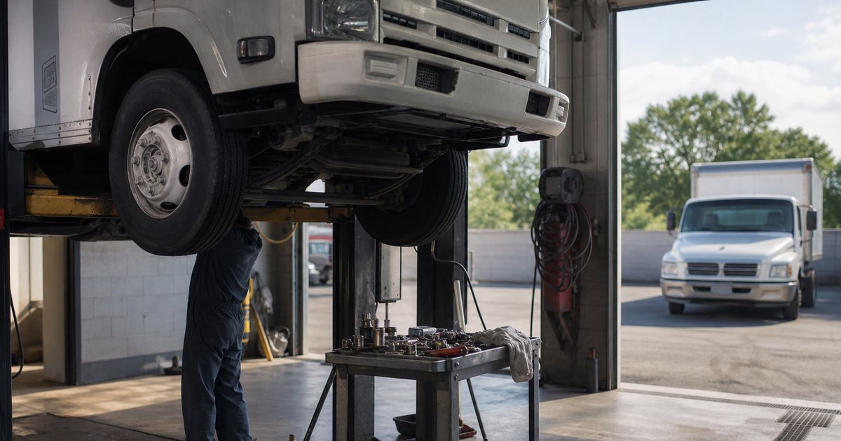 A mechanic in dark coveralls working under a white box truck raised on a lift in a small two-bay garage, a rolling tool cart at his side, a second truck waiting outside the open bay door in midday light
