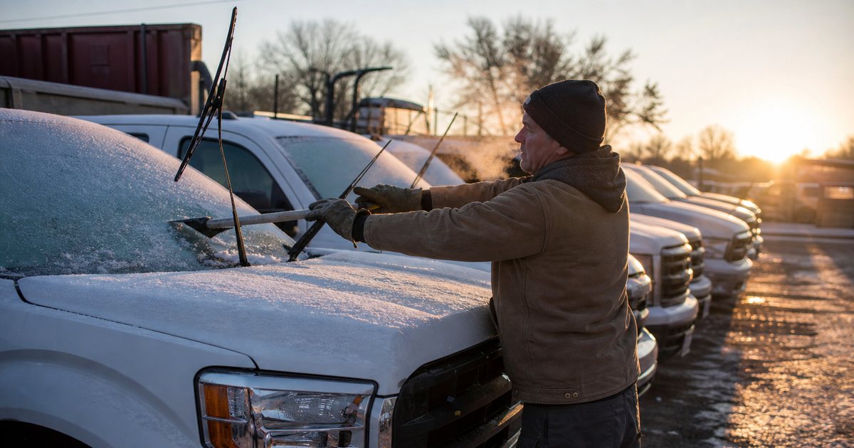 A row of white pickup trucks with light snow on their hoods in a fenced contractor yard at sunrise, a worker in a knit cap and work jacket scraping a windshield, breath visible in the cold air