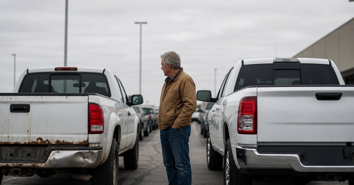 An older white service truck with faded paint and a dented rear bumper parked beside a new white truck of the same style in a dealership lot, a fleet owner in a canvas work jacket standing between them looking at the older one