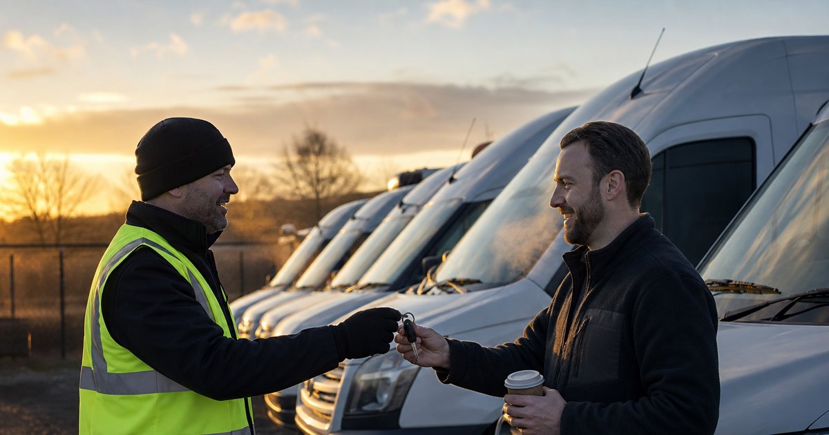 A row of white cargo vans parked nose out on a gravel yard at dawn, a supervisor in a hi vis vest handing a set of keys to a driver holding a coffee cup, breath visible in cold air, low golden light raking across the vehicles, chain link fence and bare trees in the background