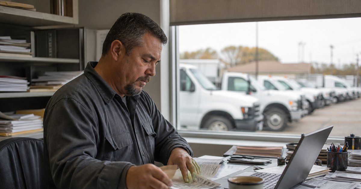 A small fleet owner leaning back in a chair at a worn wooden desk in a shop office, a coffee mug at his elbow, rubbing his forehead, a row of white service trucks visible through the window in late afternoon light