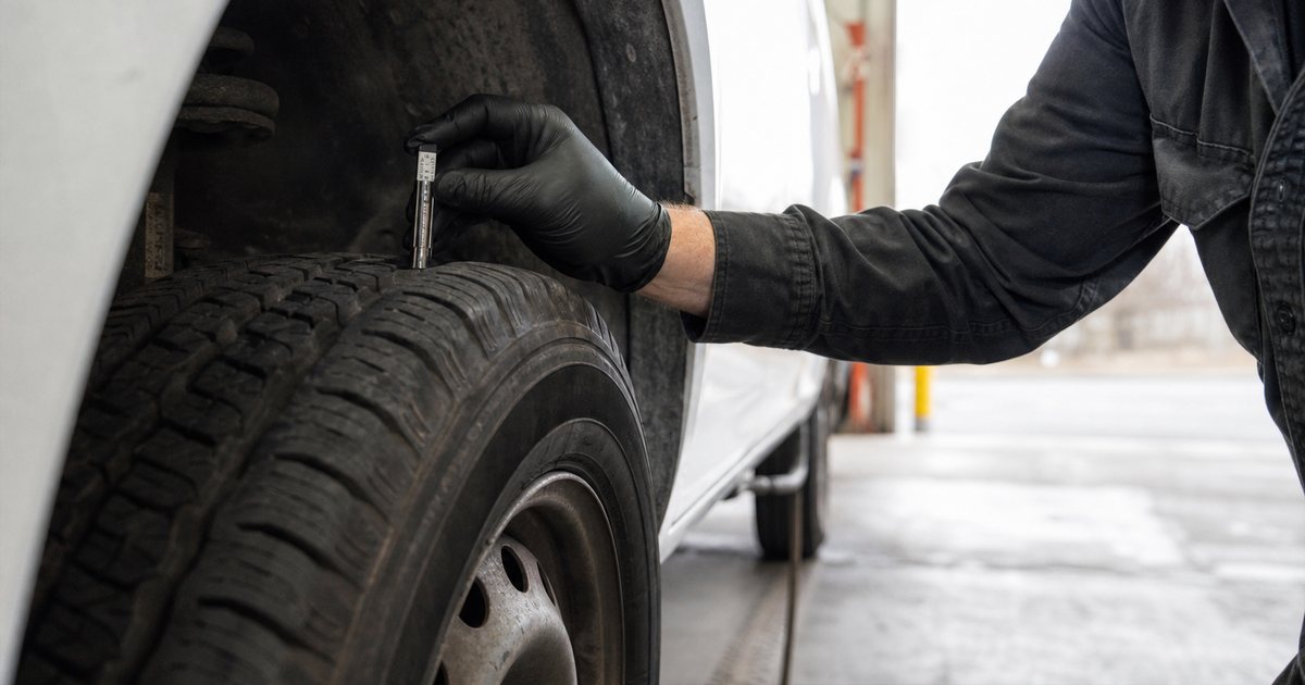 Close-up of a fleet mechanic's gloved hand pressing a tread depth gauge into the tire of a white work van in a service bay, tire sidewall and wheel well in frame, daylight from an open garage door