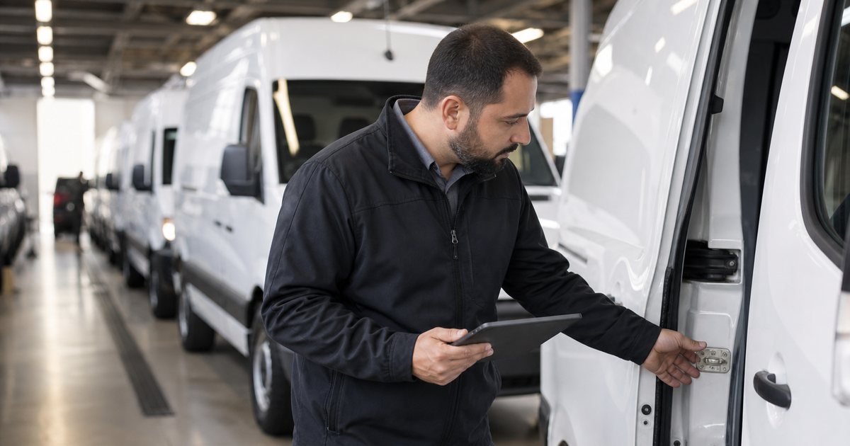 A service advisor in a dealership drive lane standing at the open driver's door of a white cargo van, one hand resting on the door frame, several other work vans lined up behind him under fluorescent light